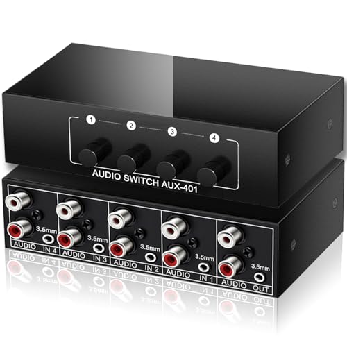 FlyroadUp 3.5mm Aux + RCA L/R Bi-Directional Stereo Audio Switch 4 in 1 Out A/B Analog Audio Switcher Selector