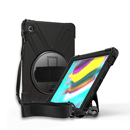 Kiq Shield Series Samsung Tab 10.1 Case Sm-T510/T515 Samsung Galaxy Tab A 10.1 Case 2019 Shockproof Rugged Cover 360 Kickstand, Hand Strap & Shoulder Strap For Galaxy Tab A 10.1 Inch - Black #TOP17