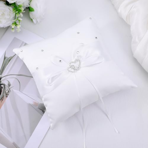 image for Xelsluthe Ring Bearer Pillows White, 6'' x 6'' Wedding Ring Pillow Hol