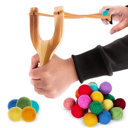 ArtCreativity Wooden Slingshot with 20 Wool Balls - Wood Slingshot for Kids - Shoots Balls Over 20 Feet - Soft Balls for Safe Play - Wooden Catapult Outdoor Toys for Kids - Strong Sling Shot Kit
