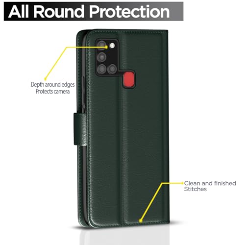 Image of Pikkme Flip Cover for Samsung Galaxy A21s Leather Finish | Inside TPU with Card Pockets | Wallet Stand and Shock Proof | Complete Protection Flip Case (Green)