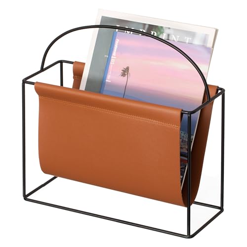 Fabulaxe Arch Gold-Tone Metal Magazine Rack with Brown Faux Leather Sling Freestanding Organizer for Magazines Newspapers & Files Chic Addition to Side Tables Entryways & Beside Your Favorite Chair