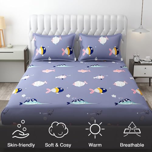 Image of RD FABS Glace Cotton Wrinkle Free Soft Hypoallergenic Bed Sheet | Cartoon Printed Double Bedsheets King Size with 2 Pillow Cover (90x95 Inches /Fish /Blue) 144 TC