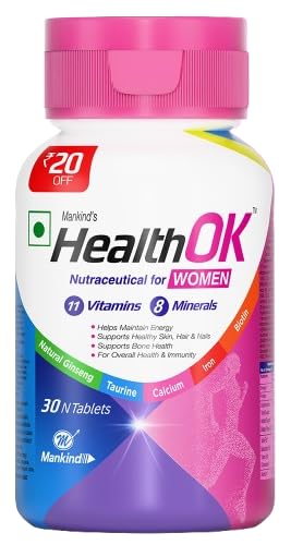 Mankind Health OK Women Multivitamin 30 Tablets – Strawberry Flavour, Pure Vegetarian, 19+ Essential Vitamins & Minerals with Biotin & Ginseng | Hair 