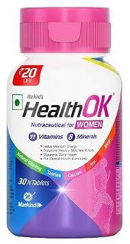 Mankind Health OK Women Multivitamin 30 Tablets – Strawberry Flavour, Pure Vegetarian, 19+ Essential Vitamins & Minerals with Biotin & Ginseng | Hair Skin Nails, Energy & Bone Health Support