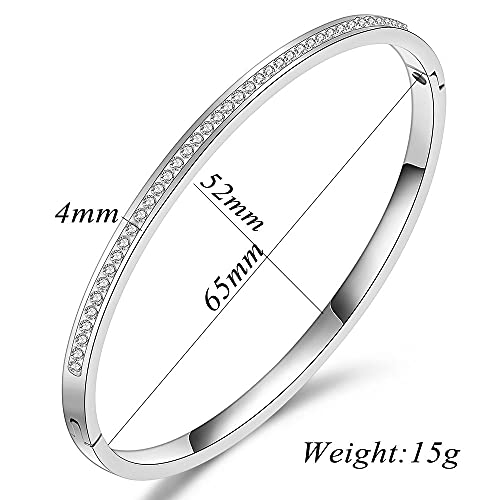 Myneney Rose Gold/Gold/Silver Titanium Stainless Steel Pave Cubic Zironia Simulate Diamond Stackable Oval Hinged Bangle Bracelet 6.5-7.5Inch (1 Row Crystal Silver, 7.5 Inch) #TOP4