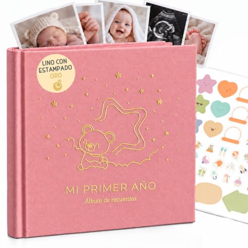 Album Fotos Bebe Mi Primer Año con Portada en Tela Lino y 75 Páginas - Libro Recuerdos Bebe con Pegatinas Ideal como Regalo Bebe Recien Nacido Niño y Niña Regalo Baby Shower - Album Bebe Primer Año