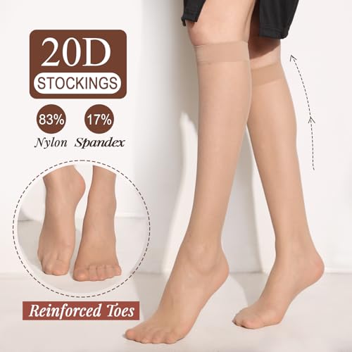 ZIHUA 12 Pairs Knee High Stockings for Women, 20 Denier Sheer Nylon Socks for Women(6Black6Nude,One Size)