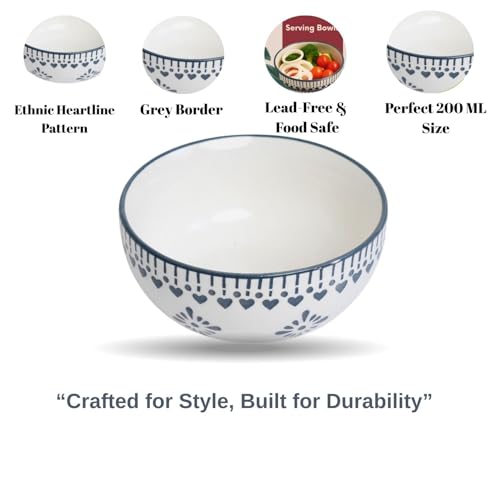 Image of Freakway Handcrafted Ceramic Serving Bowls Set | 200 ML | Microwave Safe, Chip-Resistant Stoneware for Soup, Snacks & Desserts (Set of 6, Grey & White)