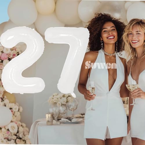 Image of SUWEN 40 Inch White Large 27 Balloon Numbers Big Foil Helium Number Balloons 0-9 Giant Jumbo Happy 27th Birthday Party Decorations for Men or Women Huge Mylar 72 Anniversary Party Supplies