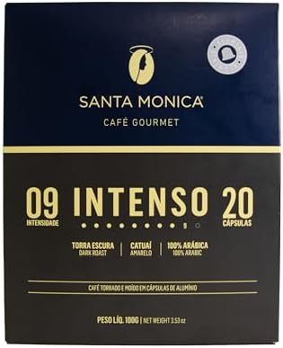 Caixa de café Santa Mônica Intenso 20 cápsulas com selo de qualidade e informações sobre intensidade e torra.