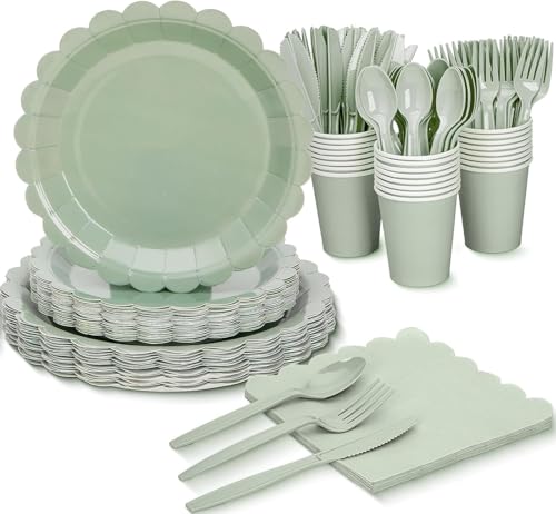 168 Pcs Sage Green Paper Plates and Napkins Sage Green Party Supplies Include Scalloped Plate Napkins Cups Forks Knives Disposable Plastic Cutlery for Wedding Baby Shower Birthday Party