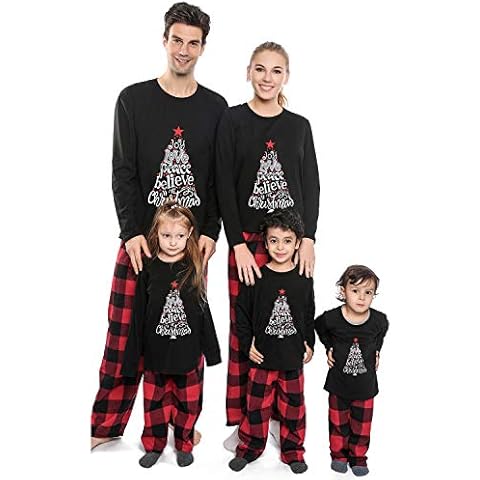 Onancehim Matching Christmas Pajamas for Family, Funny Holiday Cute Let It Snow Print Tops and Plaid Pants Xmas Sleepwear Pjs Set (Youth, 6-8T, Black) Cover