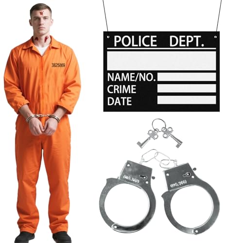 Lot de 7 costumes de prison pour homme - Kit d'accessoires de costume de prison - Avec combinaison de prison - Accessoires photo - Autocollants de menottes avec clé - Pour adulte - Halloween, carnaval