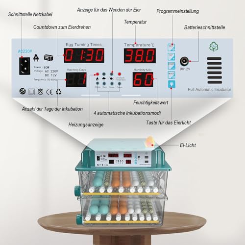 CoInceptus Brutautomat Vollautomatisch Inkubator mit 120 Eier, Brutkasten für Hühner & Wachteln automatischem Wenden, Feuchtigkeitsanzeige und 4 Inkubationsmodus Automatisches Wasser Brutmaschine