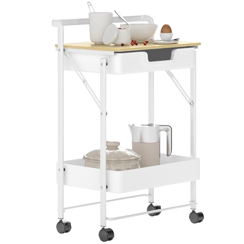 HOMCOM Carrito Auxiliar con Ruedas de 2 Niveles Carro de Cocina con 1 Cajón y 1 Cesta Carrito Organizador para Dormitorio Salón Oficina Blanco
