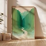 Arte mural, lienzo de paisaje verde, impresión de naturaleza, obra de arte minimalista de sendero de montaña, póster de decoración de pared de naturaleza contemporánea (21 x 30 cm/marco interior)