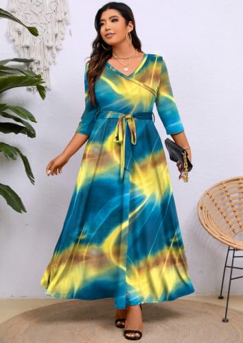 Image of Runwind Plus Size Maxi Dress for Curvy Women Flowy Wrap with Pockets