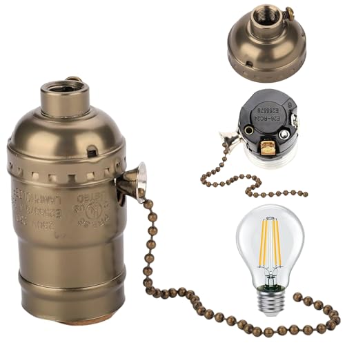 Douille de lampe à chaîne à tirer, douille de lampe filetage avec interrupteur chaîne, support en métal vintage pour ampoules E26 E27, finition bronze, pendentif plafond