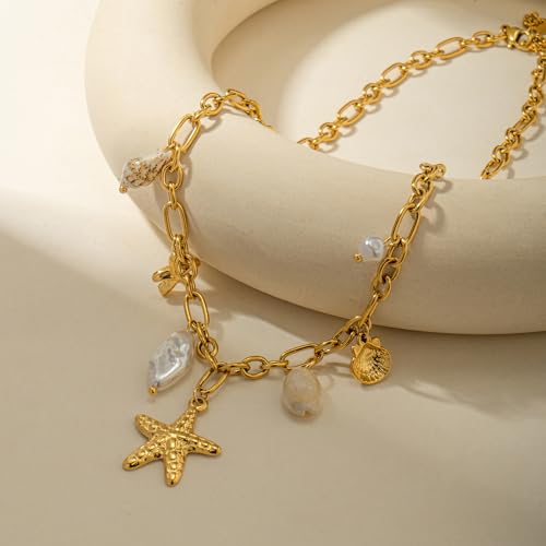 Gold Starfish Necklace for Women Charms Baroque Pearl Shell Necklace Summer Conch Beach Jewelry4