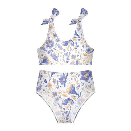 KLL Paisley Watercolor Floral Pattern Tile Flowers Girl Two Piecing Bikini Set Scoop Neck Bathing Suit Swimming Suits Cute3