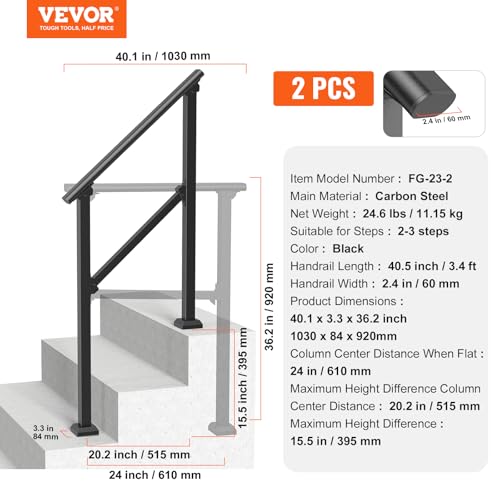 VEVOR Handrails for Outdoor Steps, 2 PCS 2-3 Step Stair Hand Rail Kit, Transitional Carbon Steel Railings with Installation Kit, Stair Rails for Seniors, Concrete & Porch & Deck, Black Square Tube by VEVOR - Image 7
