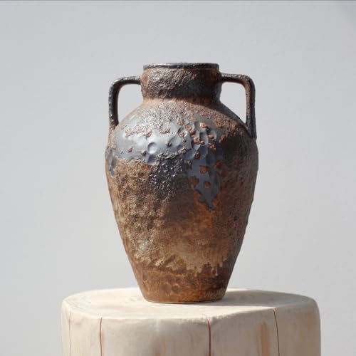 Rustic White Ceramic Vase, Wide Mouth Terracotta, Antique Decorative Flower Vase with 4 Handles, 9.7 in