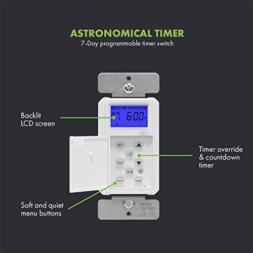 Topgreener Digital Astronomic Timer Switch, 7-Day Programmable Sunrise Sunset, Single Pole Or 3-Way, Neutral Wire Required, 120Vac, Ul Listed, Tgt01-H, White #TOP1