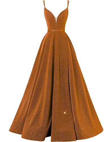 Image of V-Neck Prom Dresses for Women 2025 with Slit A Line Spaghetti Strap Sparkly Formal Party Evening Gown with Pockets,Burnt Orange,US18W