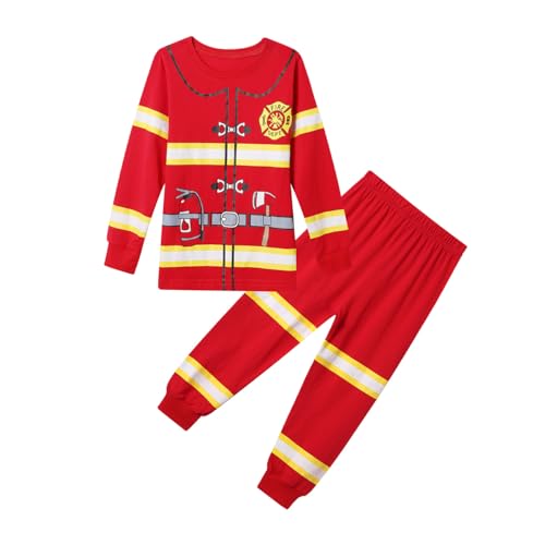 Aegisdorn Feuerwehrmann-Uniform-Pyjama-Set für Kinder, rot mit reflektierenden Streifen, langärmeliger Feuerwehrmann-Pyjama, Feuerwehrmannrot, 130
