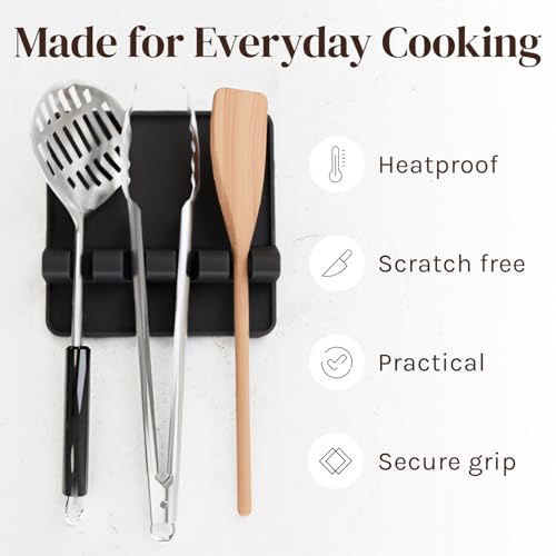 Cooler Kitchen Black Silicone Spoon Rest for Stove Top with Drip Pad (Two Pack) - Heat-Resistant, BPA-Free Utensil Rest & Spoon Holder for Kitchen Counter - Grill Utensil Holder for Spatulas - Thumbnail 5