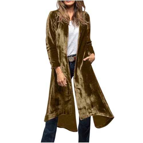 Zeiayuas Velvet Jacket for Women UK Retro Long Sleeve Cardigans Open Front Tunic Top Shirts Elegant Party Club Jackets Loose Fit Vintage Casual Holiday Coats Long Trench Coat with Pocket Khaki