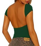 ForeFair Women Sexy Backless Top Open Back Short Sleeve Shirts Cute Slim Fit Crewneck Summer Casual Y2K Tops（Dark Green,M）