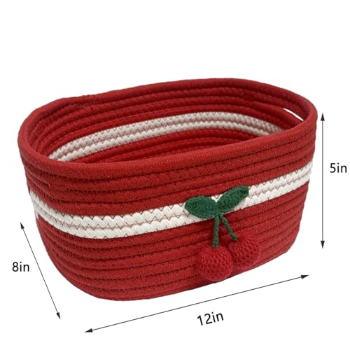 Image of SHIANCE&LI Small Woven Basket Cute Cotton Rope with Handles Gift Oval for Storage Baby Dog Toy Room Basket 12 inchx 8 inch x 5 inch Decorative Basket(Cherry,Set)