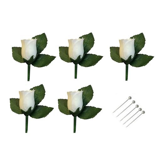 Angel Isabella Set of 5 Ivory Rosebud Boutonnieres with Pin for Prom, Party, Wedding