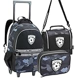 Mochila Escolar com Rodinhas, Lancheira Térmica e Estojo, Kit Completo Esportes, Bolsos Espaçosos, Alças Reforçadas, Infantil P/Meninos (Futebol)