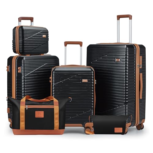 Image of NEISIA Luggage Sets,PC+ABS Hard Shell Carry on Suitcase with Spinner Wheels and TSA Lock, Travel Lightweight Luggage Set with Spinner Wheels (Black, 6 piece sets (14 /20 /24 /28 /DB /TB)