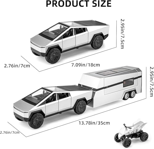 Image of 1:32 Scale Die-Cast Tesla CyberTruck with Pick-Up Trailer with 6 Openable Doors Pull Back Toy Car with Lights & MusicToy Car Gift for Kids (1:32 Cybertruck - Silver)