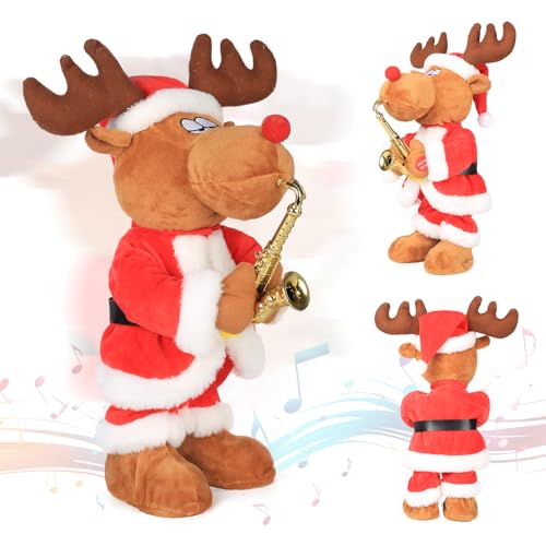 Gfilay Animated Saxophone Reindeer Plush with Music and Hip Shaking Motion