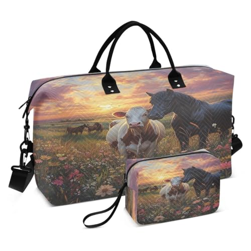 Horse Cow Daisy Blossom Travel Duffle Bag Gym Bag Weekender Bags with Toiletry Bag Travel Trip Tote Bag