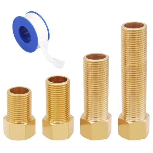 Uenede 4PCS 1/2 Inch Brass Hex Extension Pipe Fitting, 1/2" G Female to 1/2" G Male Thread, 40mm/50mm/70mm/100mm Length, Longer Nipple Connector Adapter