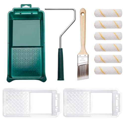 YiBaiBrush Paint Roller Kit 11 Piece, 4 Inch Microfiber Paint Rollers with Ergonomic Handle, Small Roller Paint Brush, Paint Tray with Liners, Perfect for House Painting