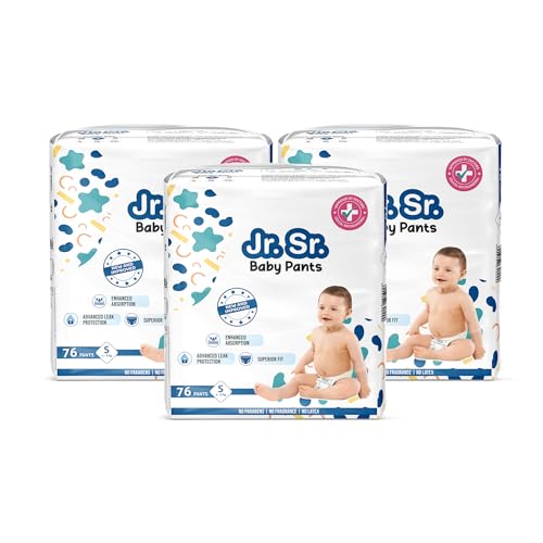 Image of Jr. Sr. Baby Diaper Pants | Small (S) Size (4-8 kg), 228 Count | Pack of 3 | Upto 12 hr Absorption with Advanced Leak Protection | Safe For Babies Skin | Soft, Secure & Comfy