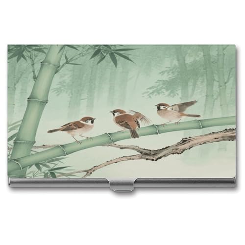 VstaDank Brown Birds on Bamboo Business Card Holder Fashion Aluminum Alloy Flip Cover Credit Card Holder High End Professional Name Cards Case Exquisite Pocket Metal Cards Holder for Work