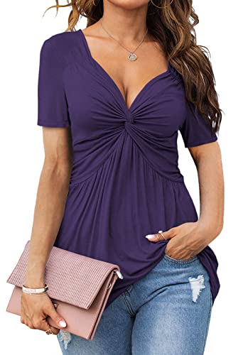 Image of Tankaneo Womens Front Knotted V-Neck Blouse T Shirt Short Sleeve Oversized Tunic Tops Summer Solid Pullover Tees