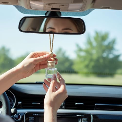 Image of Boao 25 Sets Hanging Car Air Freshener Diffuser Bottles Empty Bulk with Car Diffuser Instruction Cards Organza Bags Glass Refillable Essential Oil Fragrance Aromatherapy Pendant (Flat Square,Clear)