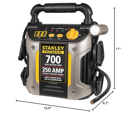 Stanley J7CS 700 Peak Amp Automotive Jump Starter, Portable Power &ndash; Triple 15W USB Ports, 120 PSI Air Compressor