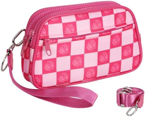 RFID Blocking Cute Fanny Pack for Women - Small Rose Red Checkered Belt Bag | Crossbody/Wristlet Travel Purse |Birthday/Christmas Gifts for Her