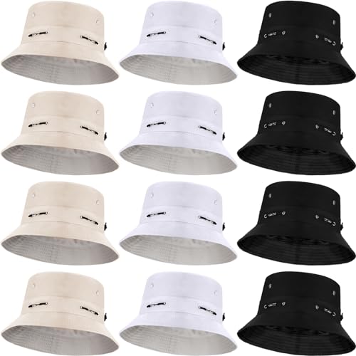 Image of Didaey 12 Pcs Bucket Hat Summer Adjustable UV Protection Hat Bulk Wide Brim with Strings for Beach Camping Hiking