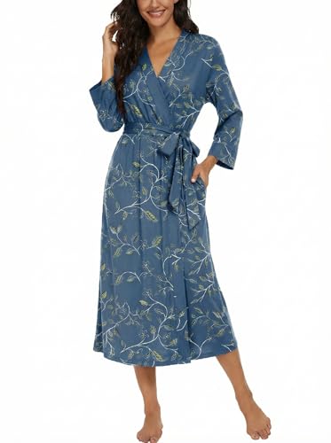 Image of VINTATRE Robes for Women Long Knit Bathrobe XS-4XL | 3 /4 Sleeve Bathrobes with Pockets, Stretchy and Lightweight Fabric, Inner Tie and Fixed Outer Matching Belt, Mid Calf Length